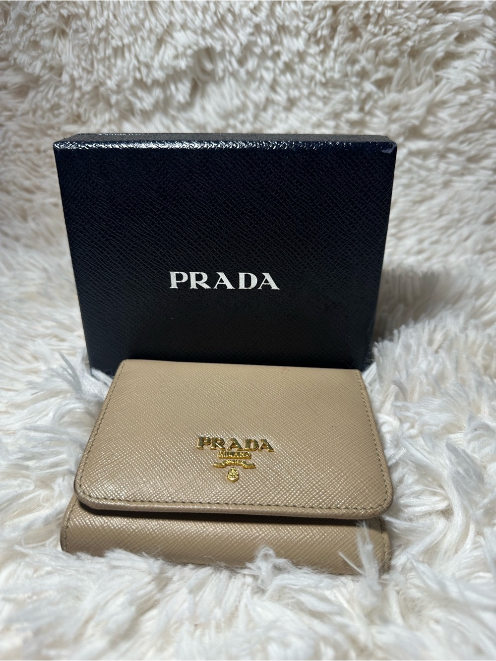 Prada Beige Saffiano compact wallet